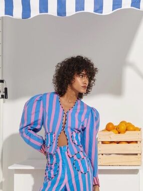 CeliaB Pink and Blue Striped Puff-Sleeve Blazer